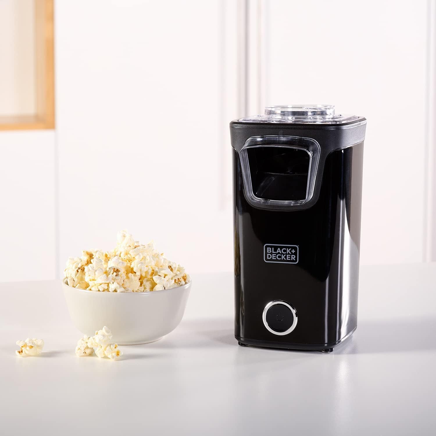 Macchina per Popcorn Veloce, Cottura ad Aria Calda Senza Olio, con Coperchio Trasparente e Misurino - Design Compatto 16x13.5x25.5cm, 1100W, Nero