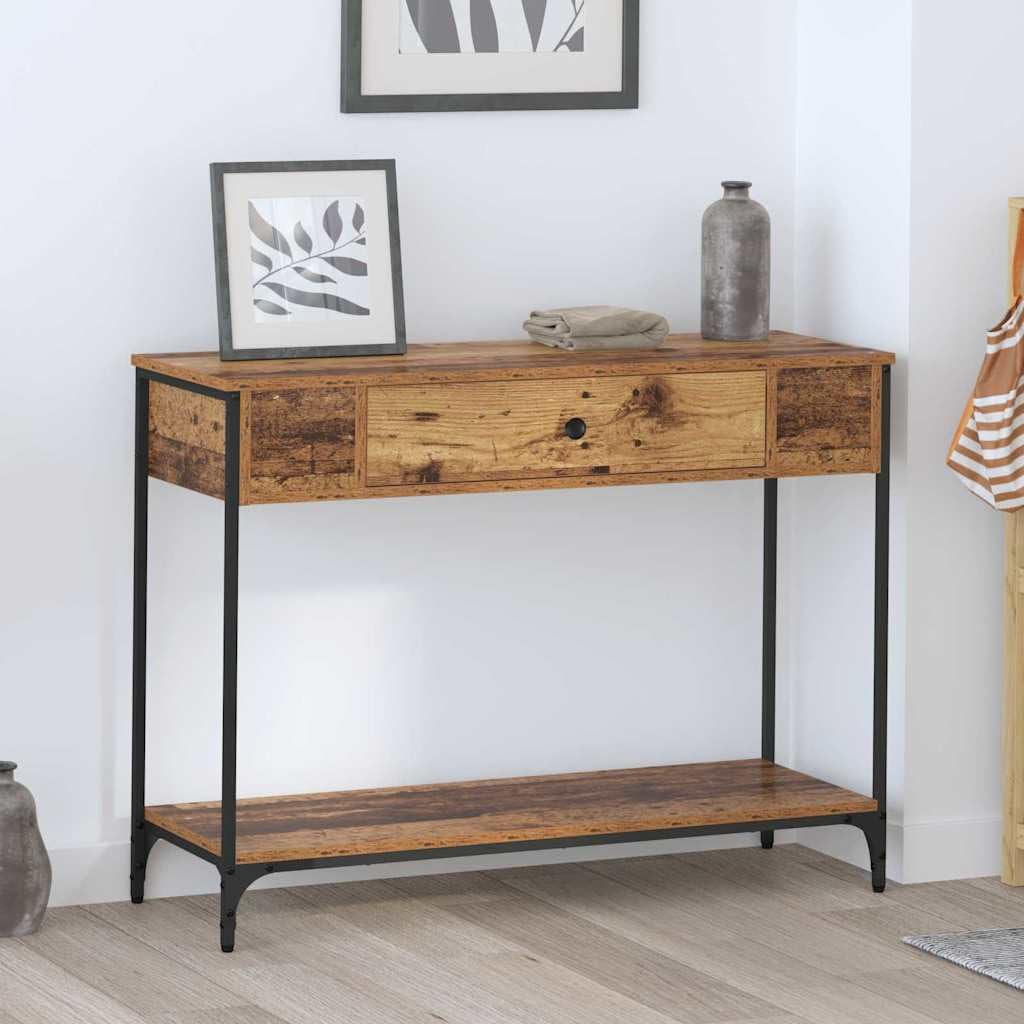 SXZenSpace Rustic Console Table Old Wood 100 x 34.5 75 cm Engineered Hallway Sideboard with Storage Shelves & Drawers Vintage Accent Furniture for Living Room Corridor Bedroom