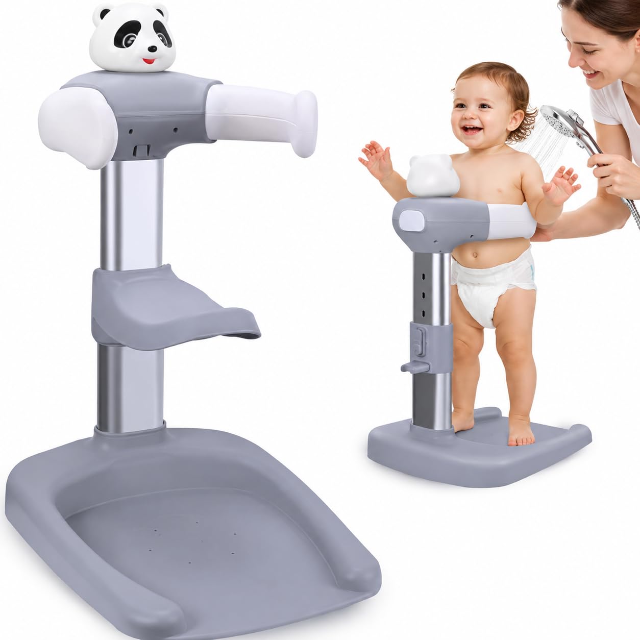 Soporte de baño para bebé con base antideslizante, soporte de ducha ajustable en altura para niños de 12 a 36 meses, soporte de pie estable para correr y bañarse de forma segura