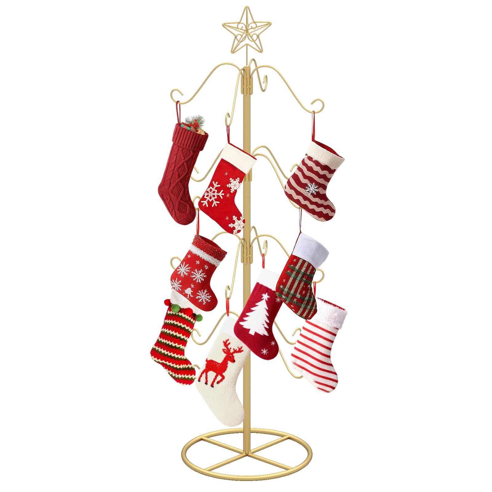 GOPLUS Porta Calcetines 120 CM con 16 Ganchos, Soporte para Calcetines Navideños de Metal con Decoración de Estrella, Decoración Navideña con Forma de Árbol de Navidad para Salón, Dormitorio