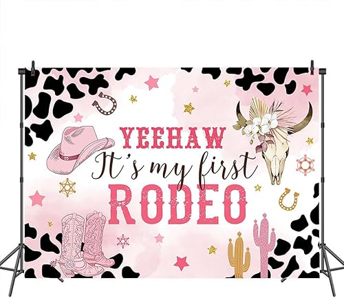 Miniatura 7 de Mocsicka Fondo de cumpleaños de vaquera occidental, decoración de cumpleaños con texto en inglés "My First Rodeo", pancarta de primer cumpleaños