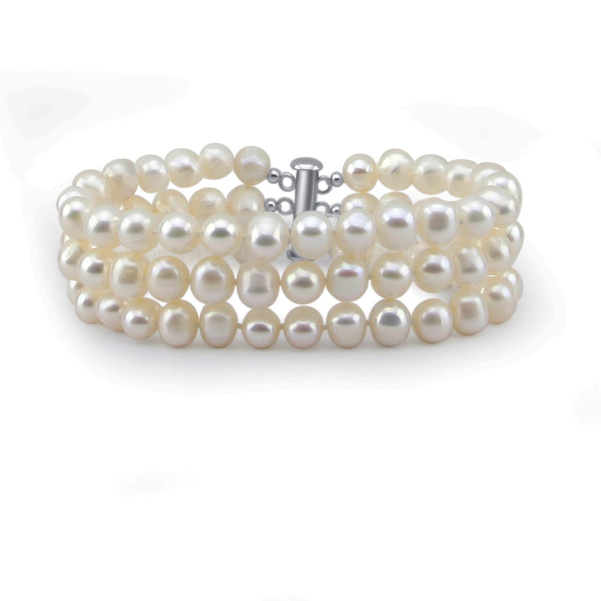 3-Row White A Grade 6.5-7mm Freshwater Cultured Pearl Bracelet With rhodium plated base metal Clasp, 7.5 Inches