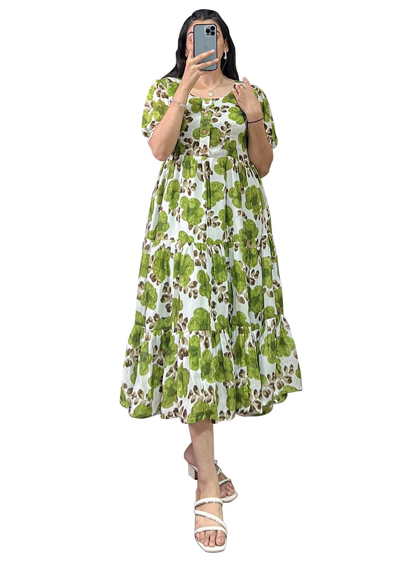 shasmi Women Women's Floral Print Midi Dress, Yellow Vichitra Silk, Round Neck Short Balloon Sleeves-picture-12