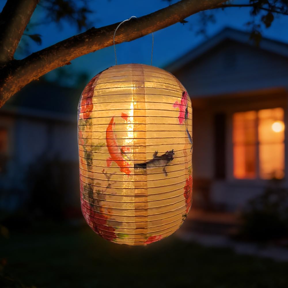 WRQIOO Hanging Solar Lanterns Outdoor Garden, 25cm Solar Lights Outdoor Garden Lantern, Waterproof Nylon Cloth Chinese Japanese Lantern S-olar Gar-den Lights Hanging, Warm White