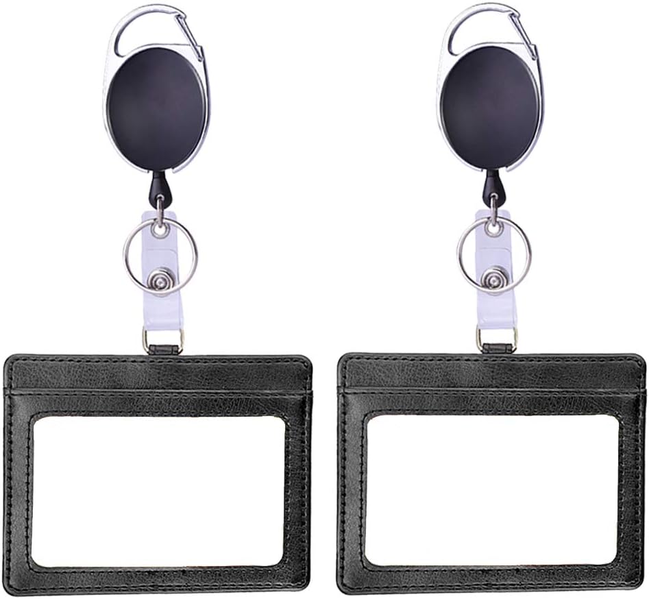 Badge Id Holder Retractable Horizontal Id Card Holder with Extendable Keychain PU Leather Double Sided Id Card 3 Card Slots for Staff (Horizontal Badge holde, 3.9 * 3.1 inch)