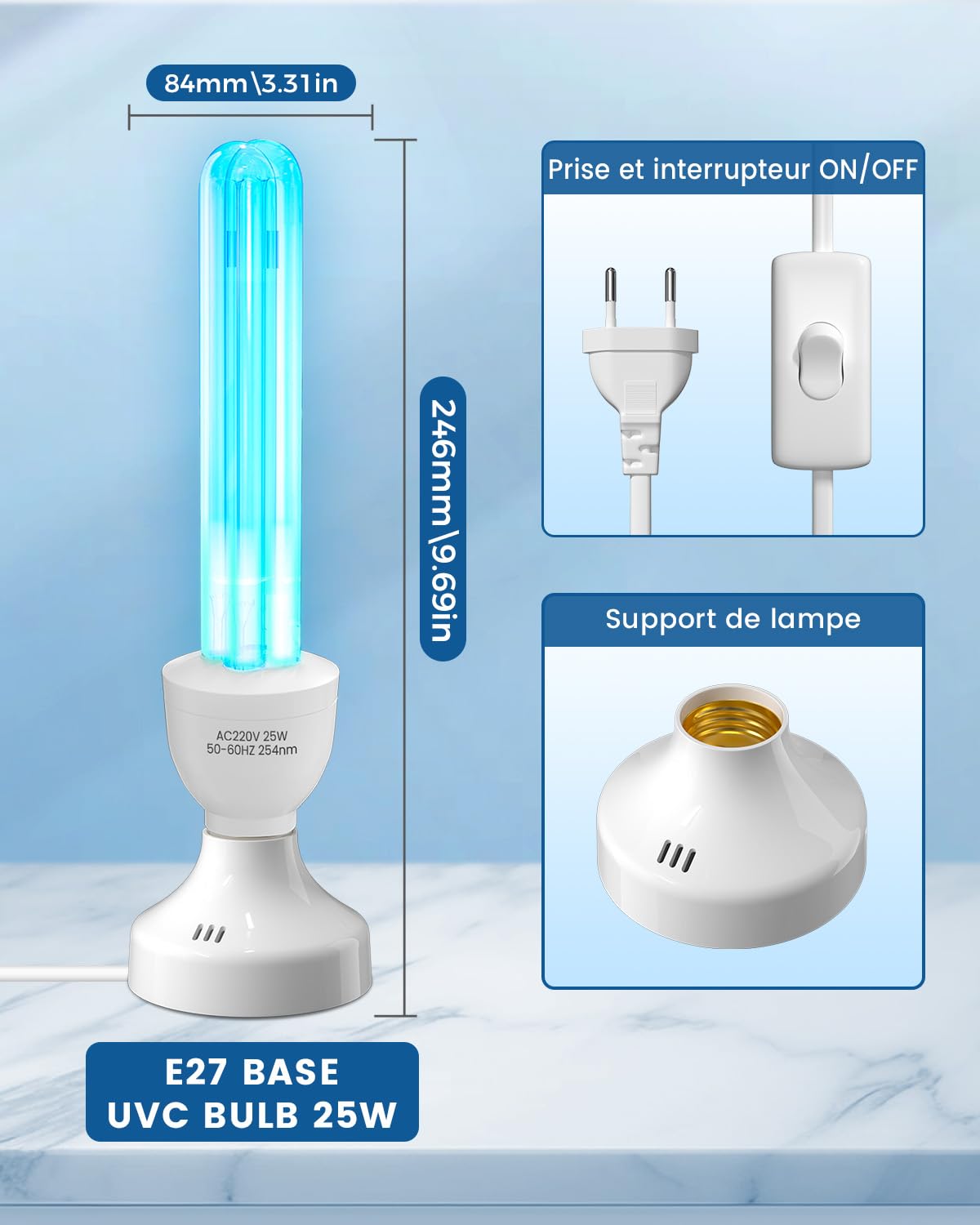 Lampe UV Germicide UVC 25W Ozone Télécommande Minuterie E27 Ampoule UV Stérilisateur Tube Quartz 254nm