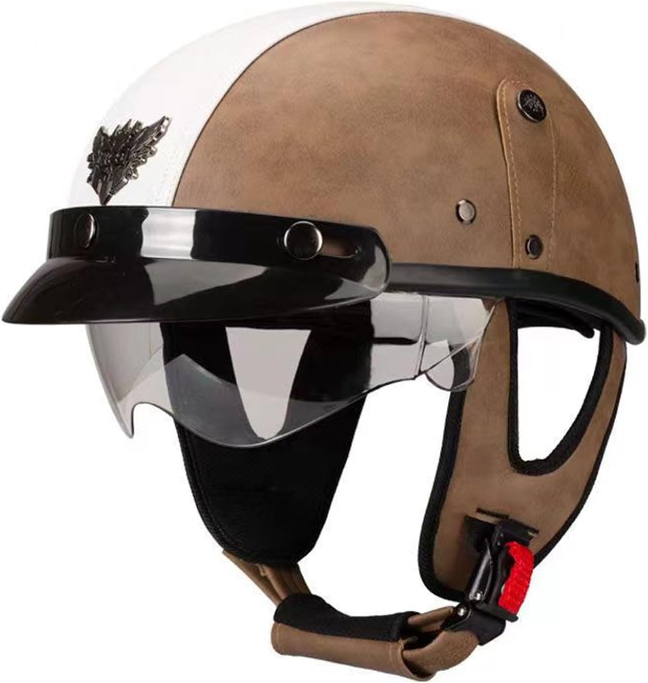Retro Low Profile Adults Half Shell Helmet,Cool Leather Open Face Motorcycle Helmet with Sun Visor,DOT Approved Chopper Scooter Moped Dirt-Bike ATV,Unisex Half Face Helmet