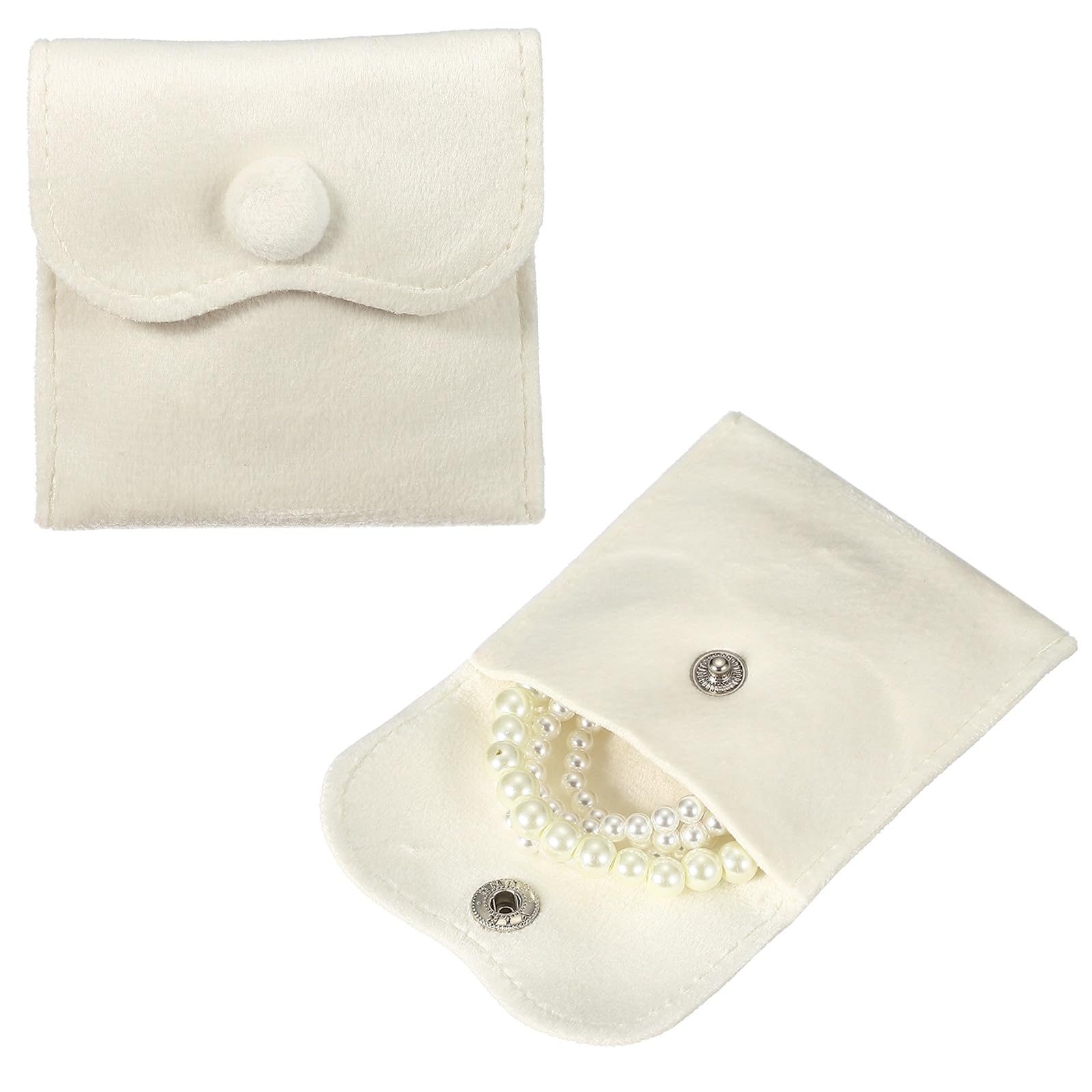 sourcing map 2 Pcs Velvet Jewelry Pouches with Snap Button 7x7cm Small Storage Bags Gift Soft Jewelry Organizer Portable Packaging Fit for Necklaces Bracelet Rings Earings Watch, White