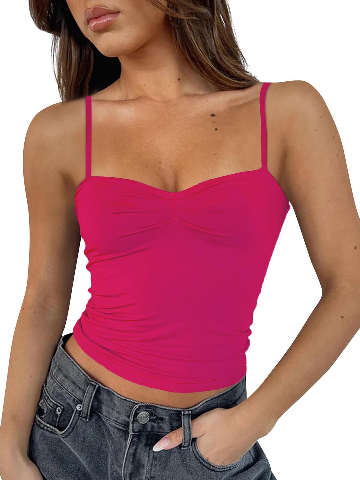 ForeFair Women Y2K Sweetheart Neck Sleeveless Crop Tank Tops Backless Spaghetti Strap Pleated Bustier Camis Going Out Top