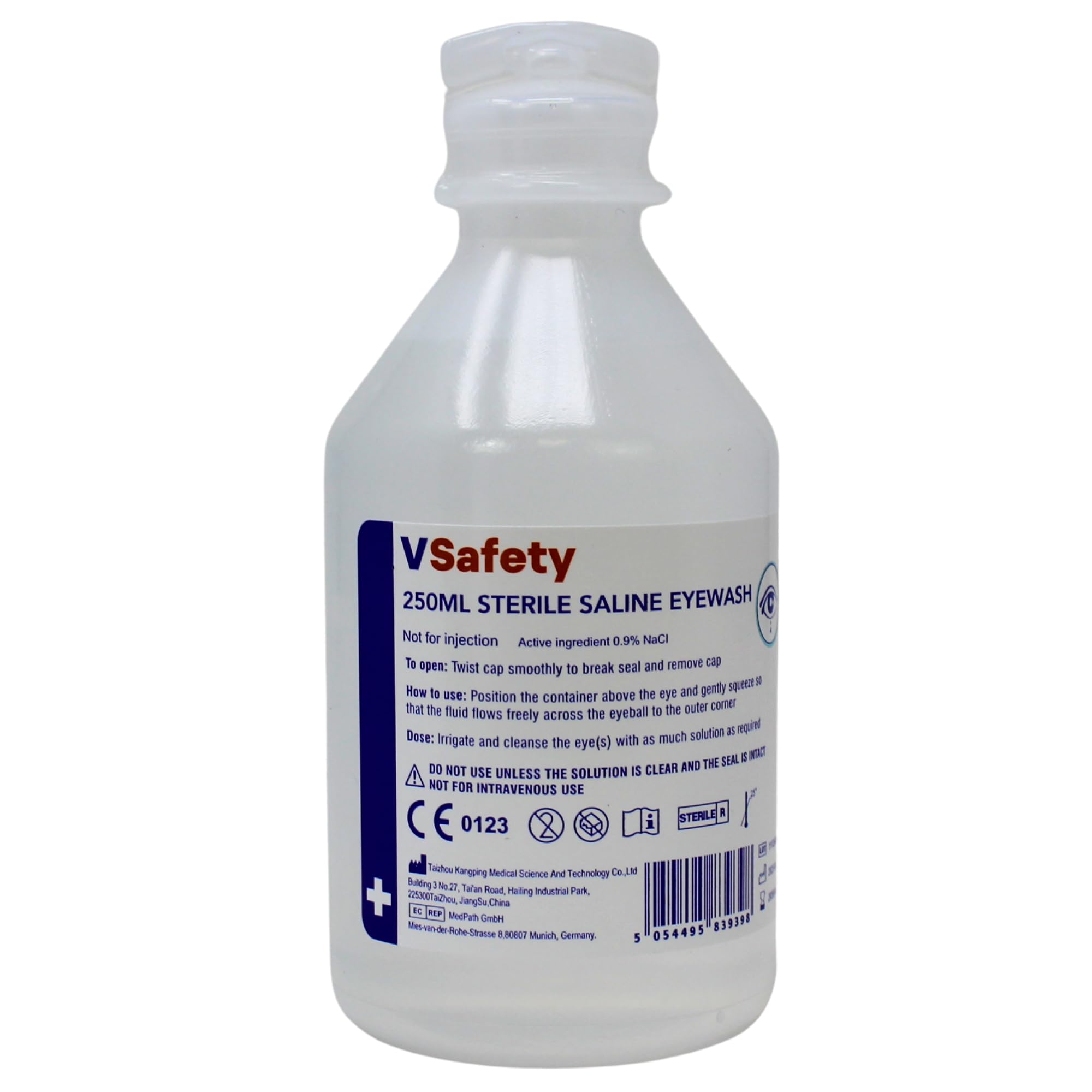 V Safety 250ml Sterile Saline Eye Wash Bottle – 0.9% Sodium Chloride Solution – for Rinsing Eyes, Dust & Debris – Single Use – No Eye Cup