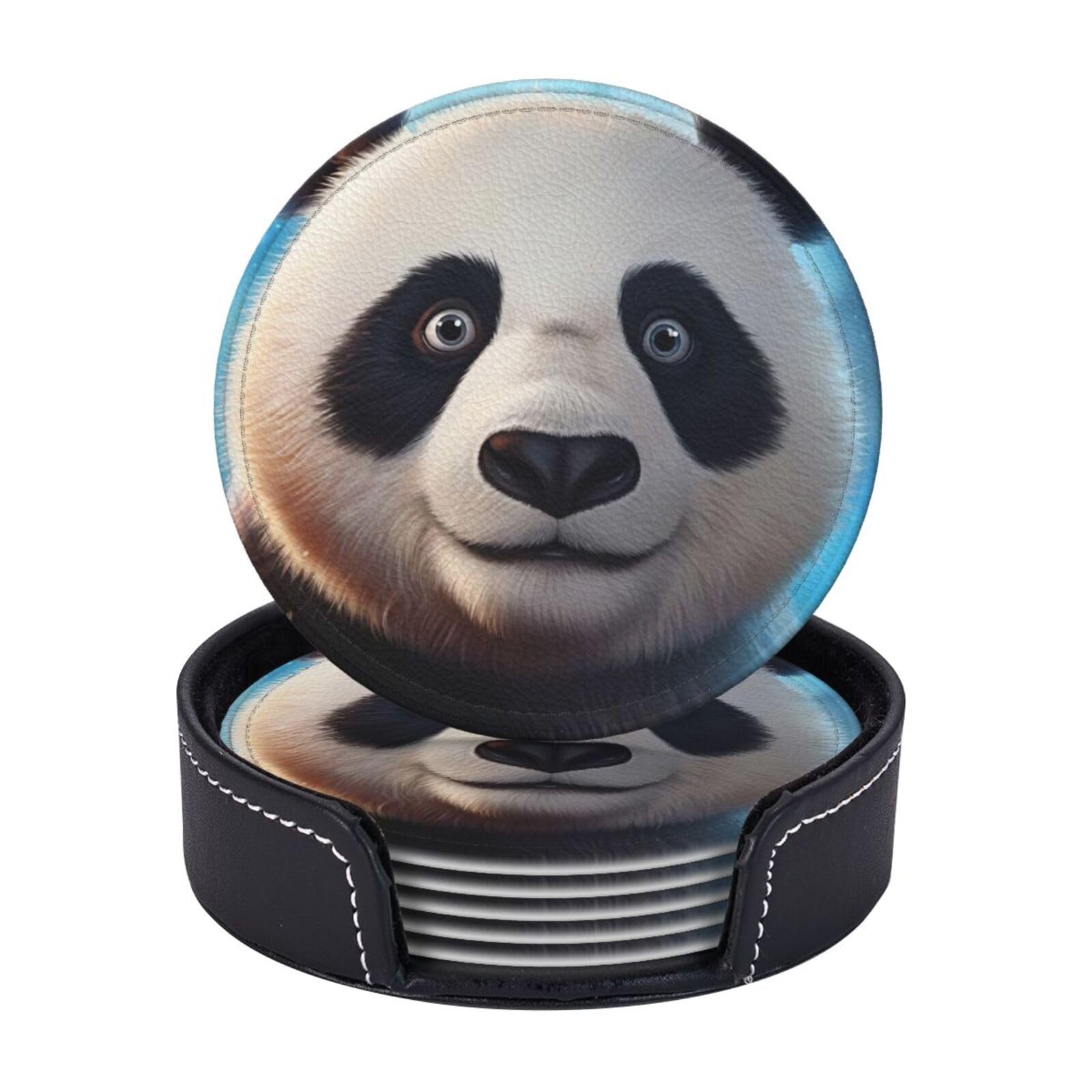 Coasters Set of 6 Leather Drink Coasters with Holder Panda Coasters for Drinks Heat Resistant Coaster Round Coffee Cup Mat Pad for Kitchen Office Home Decor