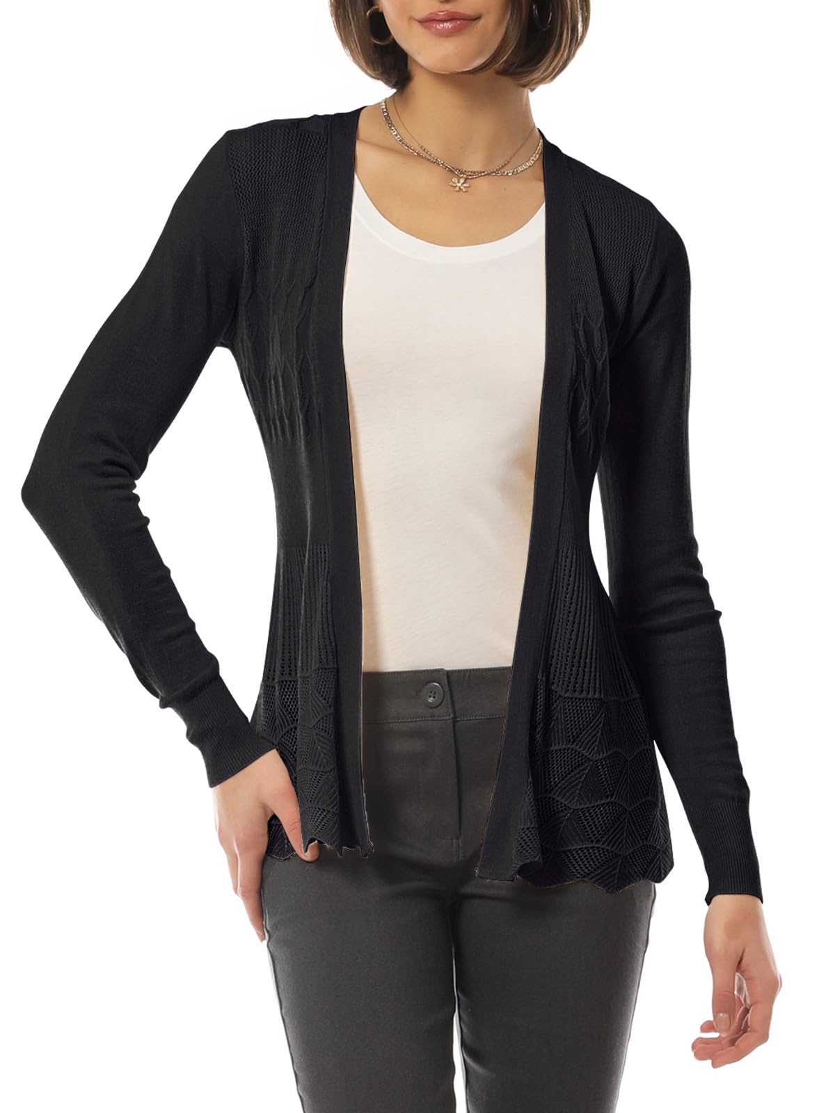 Design by Olivia Womens Long Sleeve Crochet Knit Draped Open Sweater Cardigan