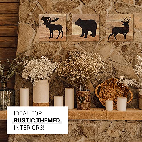 Homerustique Real Wooden Cabin Decor With Bear, Deer And Moose (Set Of 3) - Woodland Rustic Wall Decoration For Home, Log Cabin, Hunting Theme, Mountain Lodge Or Bathroom, Animal Pictures Decor #TOP2