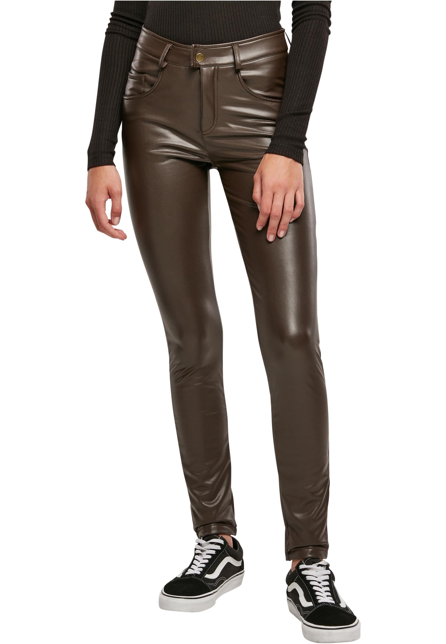 Urban Classics Ladies Mid Waist Synthetic Leather Pants - Spodnie Kobiety