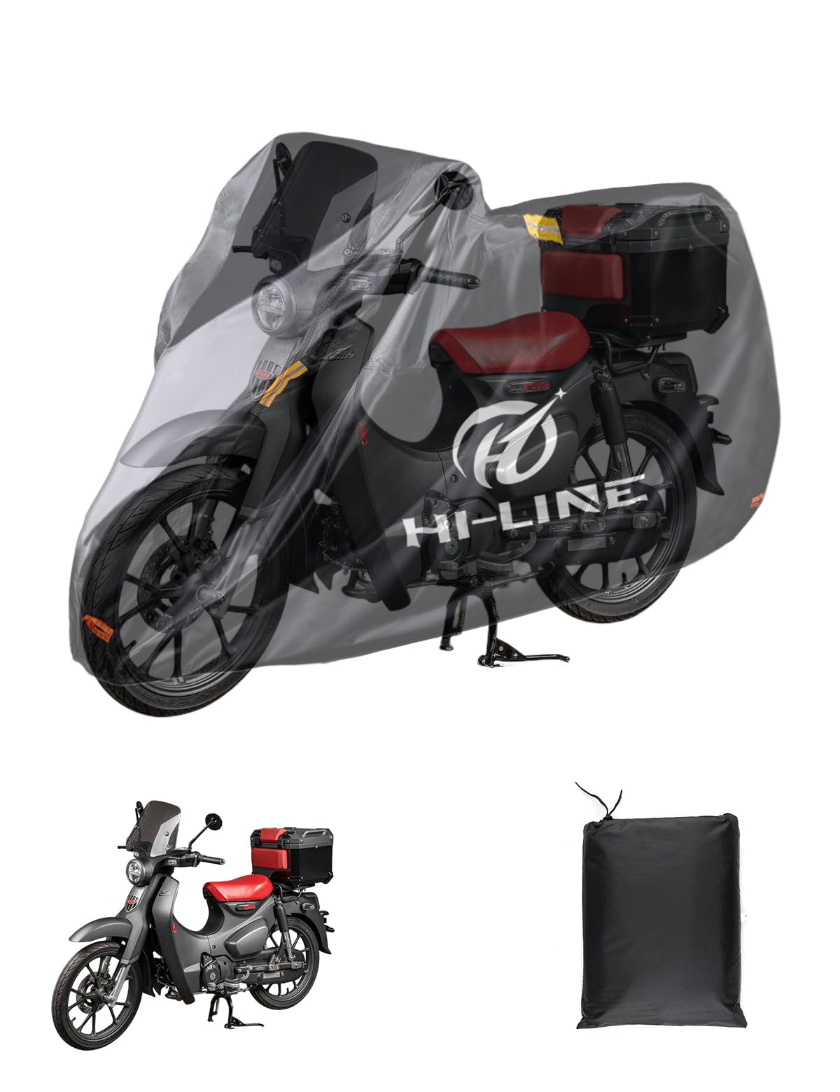 HI-LINE バイクカバー スーパーカブC125 厚手 420D 防水カバー 撥水加工 盗難防止ロック穴 中央バックル付き 耐熱 紫外線防止 防風 裾を絞るゴム 警告反射テープ バイク用車体カバー 収納バッグ付き