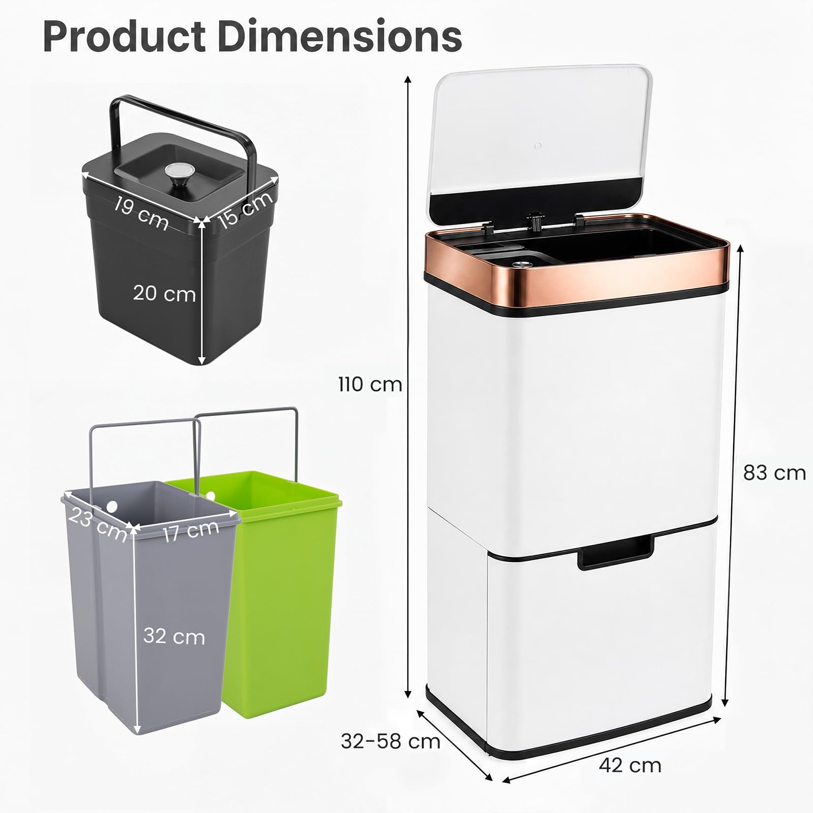 LIFEZEAL 72L - Cubo de basura con 4 compartimentos, recogida selectiva, apertura automática, sensor de infrarrojos, acero inoxidable, cubos diferenciados interiores, cubo de basura, cocina (blanco)