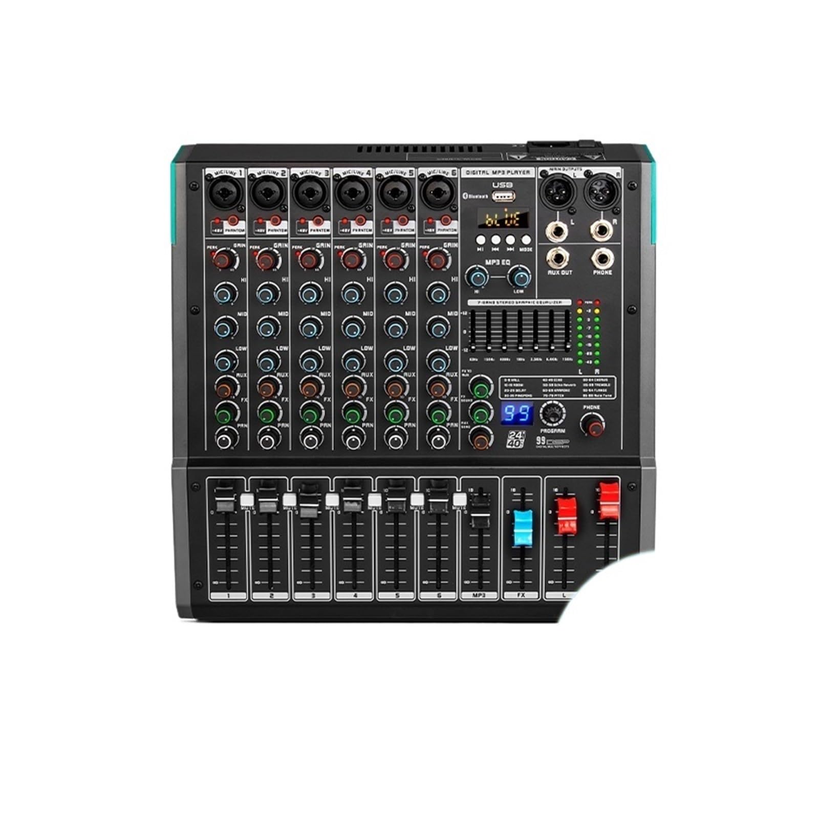 VCHICS Audiomixer, 6-Kanal-Soundmixer, Audio-Mischpult, USB, Aufnahmecomputer, 48 V Phantomspeisung, Verzörung, Repaeat 99 Effekt für Gitarren, Bässe und Keyboards
