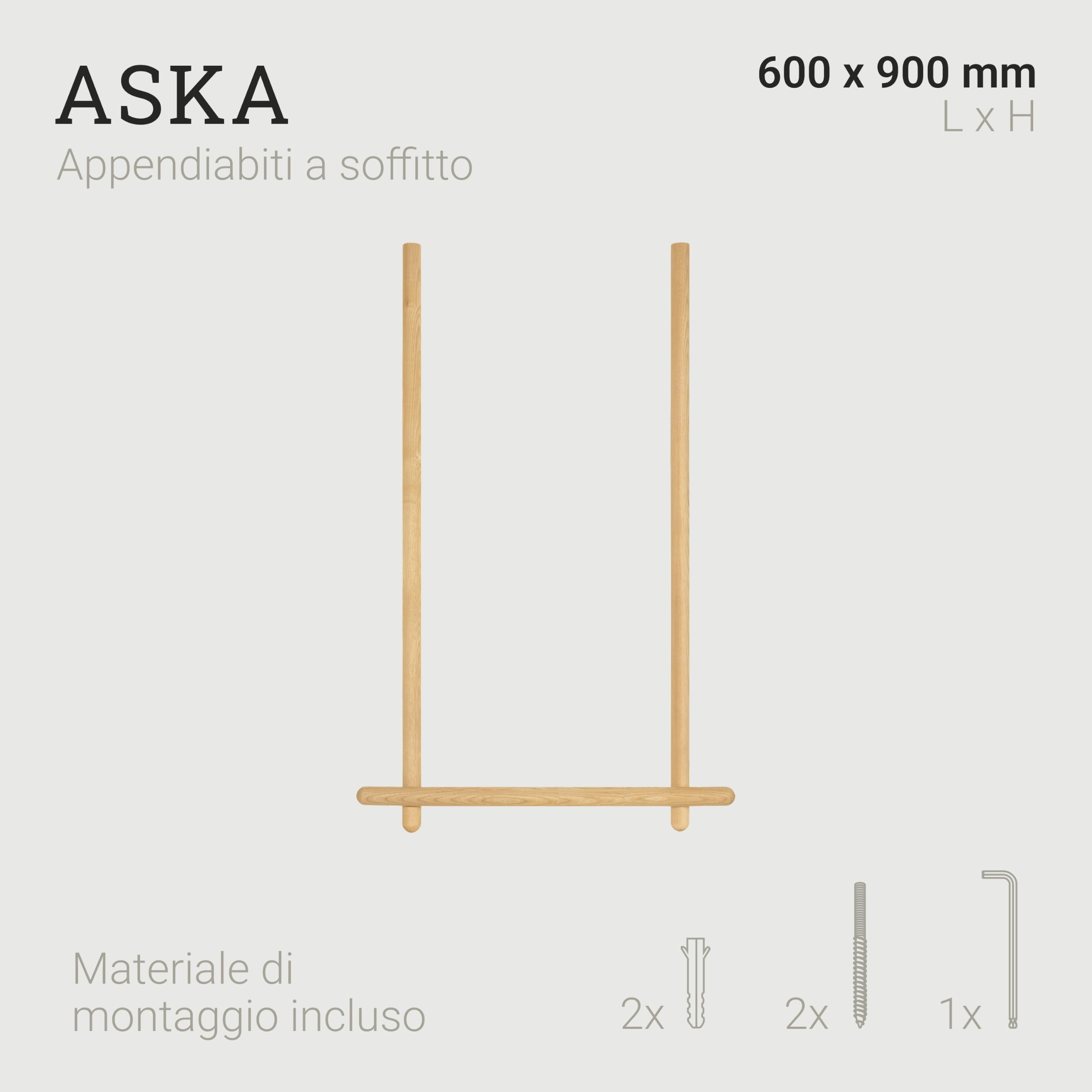 Natural Goods Berlin ASKA - 1 asta appendiabiti in legno di rovere, larghezza 60 cm, appendiabiti da soffitto, appendiabiti da soffitto, appendiabiti da corridoio, appendiabiti da soffitto, in legno