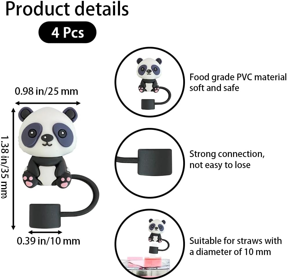 4 Pcs Cute Panda Straw Covers Cap for Stanley, 10mm Silicone Straw Covers, Splash Proof Topper - Image 2