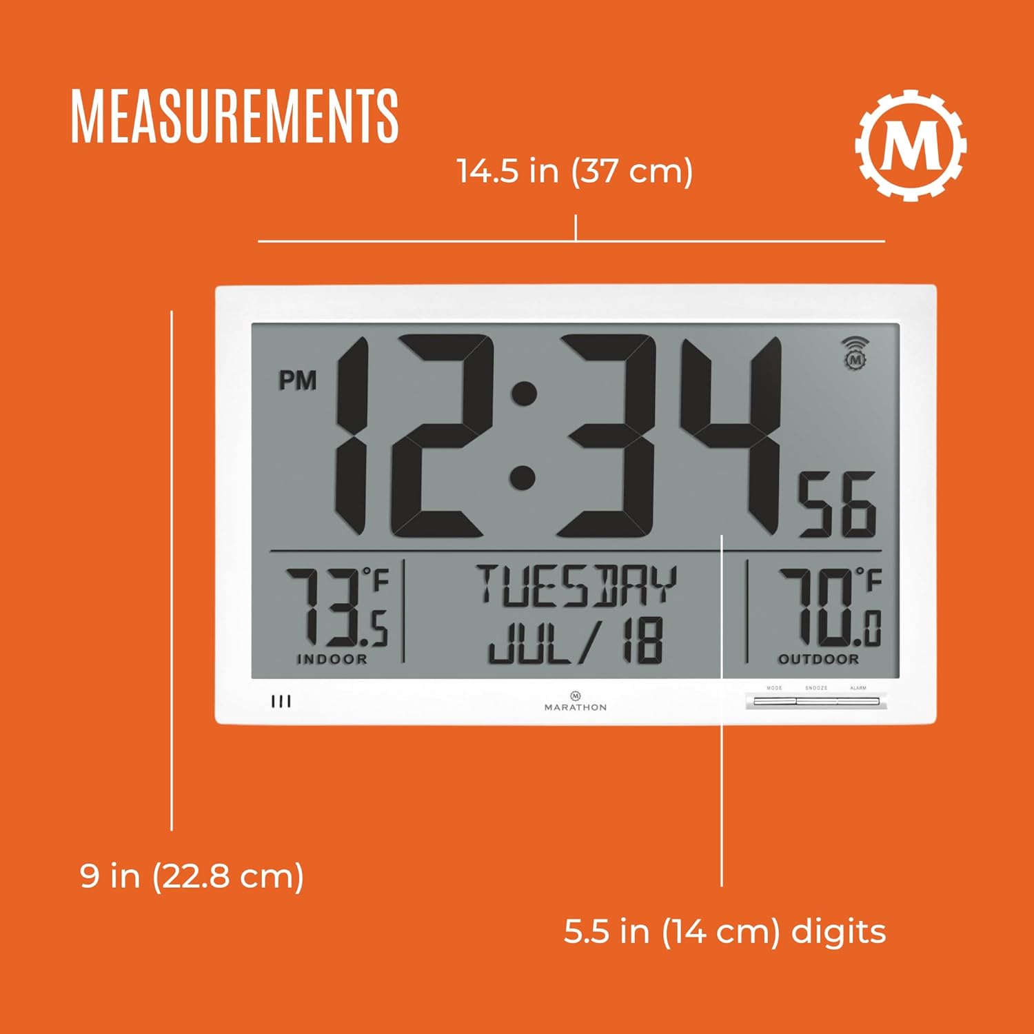 Diagram showing the dimensions of the Marathon Slim Atomic Wall Clock.