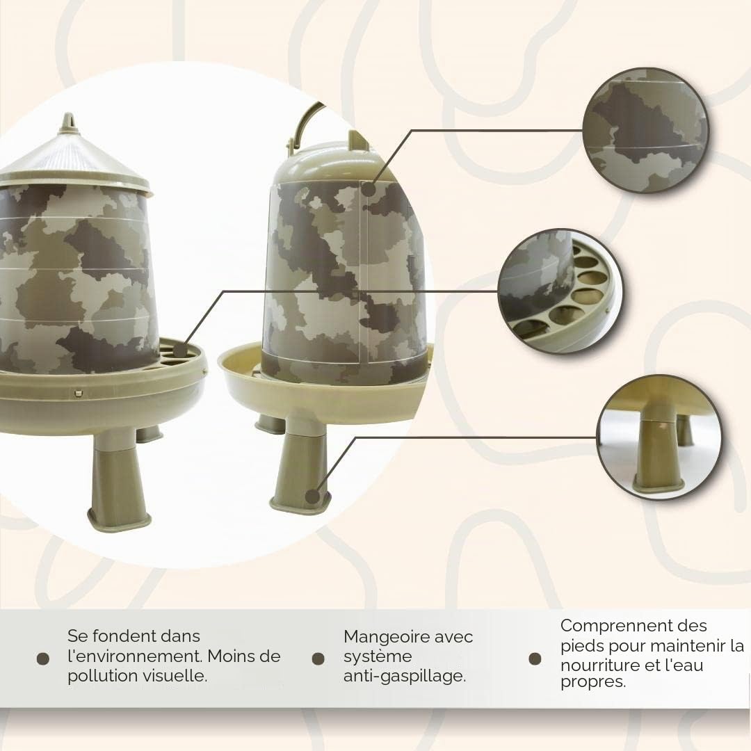 Pack Mangeoire et Abreuvoir pour Poules et Autres Volailles - Mangeoire et Abreuvoir sur Pieds - Couleur Camouflage - Capacité 2Kg et 3L - Alimentation Toujours Propre