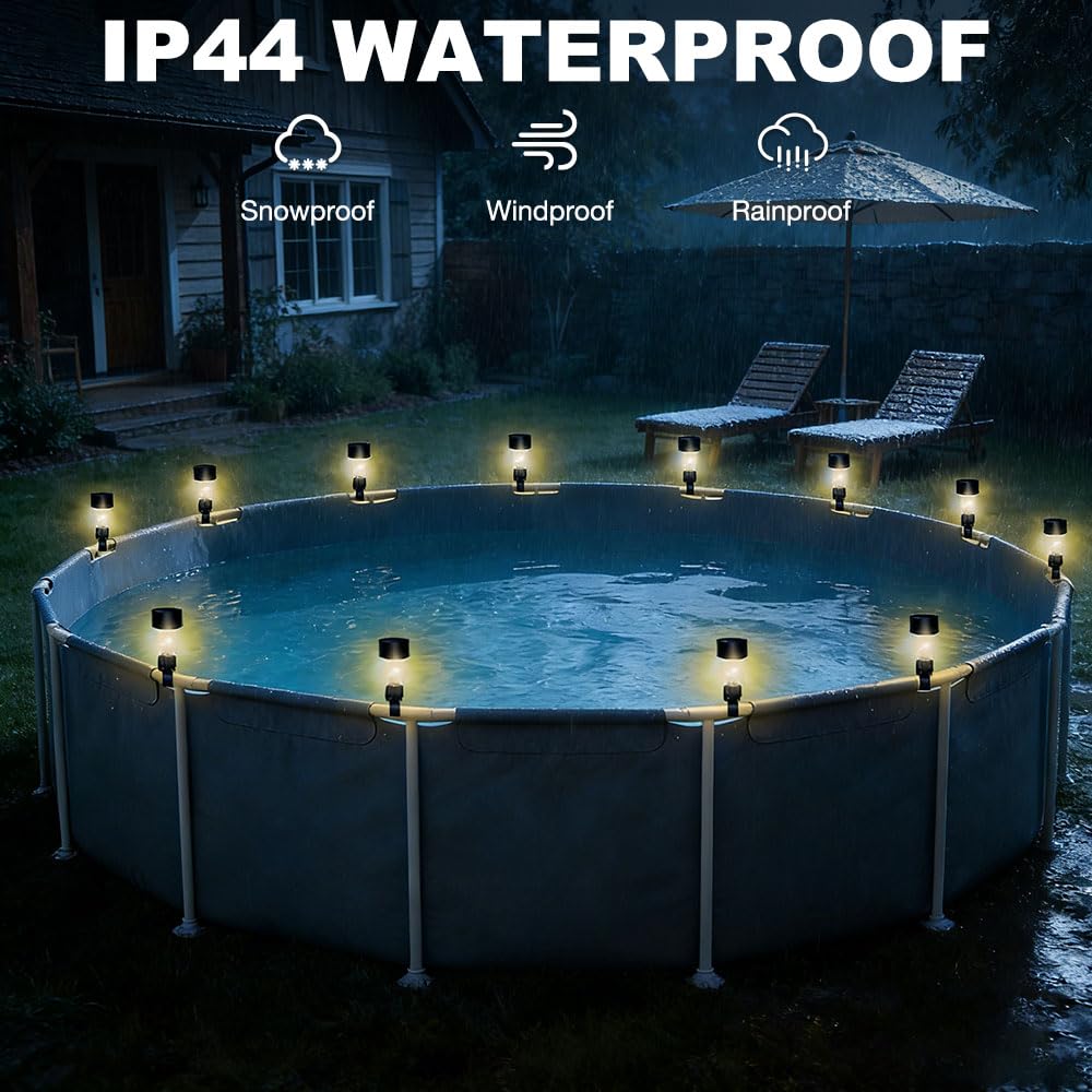 Set di 10 luci solari per piscina con fascette per cavi, illuminazione fluorescente bianca calda, 4,5 cm, per bordo piscina, recinzione, giardino, piscina, bar, decorazione per feste