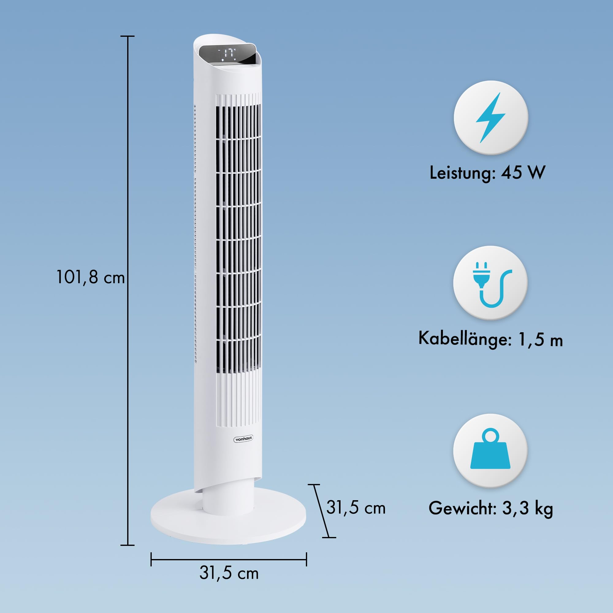 VonHaus Turmventilator 102 cm, Elektrischer Standventilator mit WiFi, Smart Steuerung Alexa/Google Home, Fernbedienung, 12H Timer, 70° Oszillation