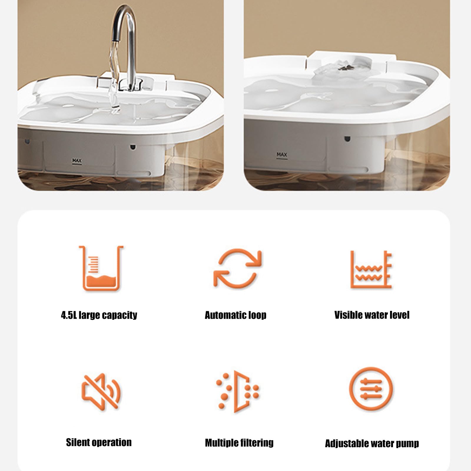 Dispensador de agua para gatos con cuenco de acero inoxidable de filtración, fuente de agua de bajo ruido para circulación automática de agua, fuente de agua para mascotas