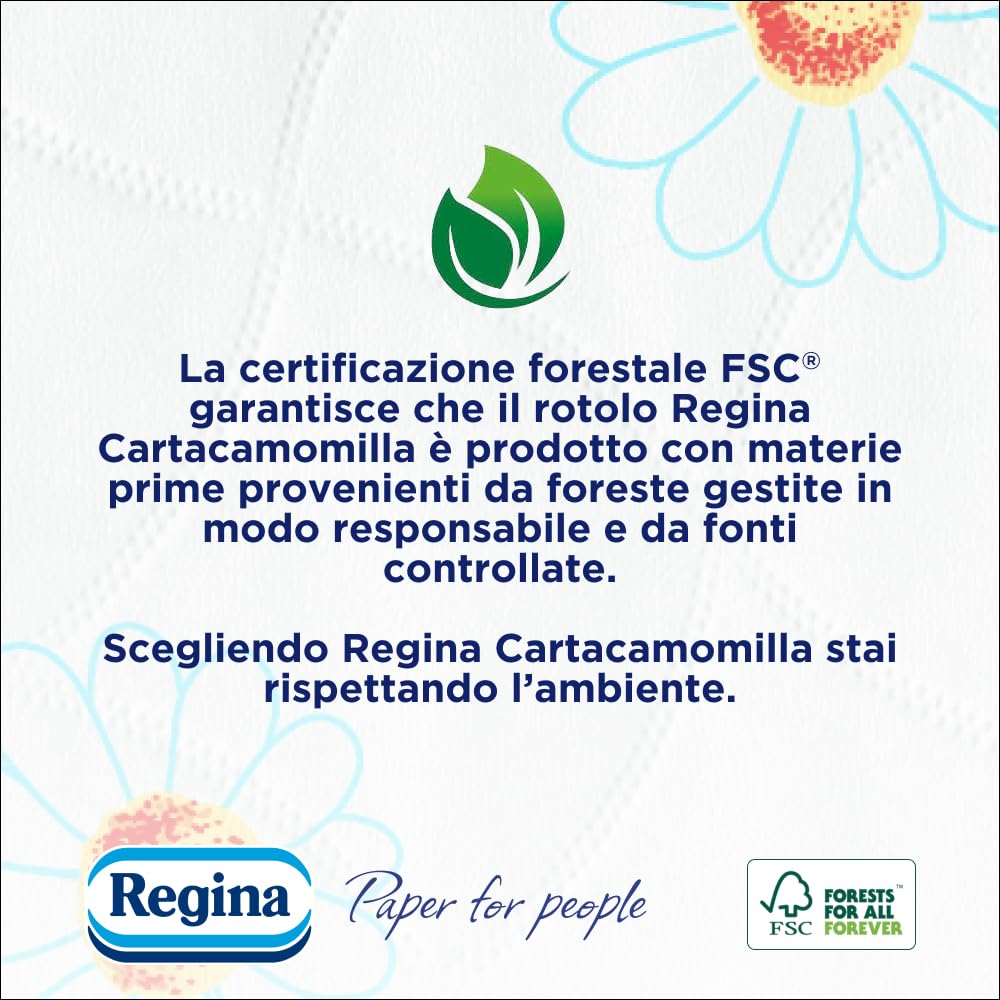 Regina Cartacamomilla - 4 Rotoli di Carta Igienica, 300 Soffici Fogli a 3 Veli, Delicata e Consistente, Profumo di Camomilla, Confezione in Carta Riciclabile, 100% Certificata FSC