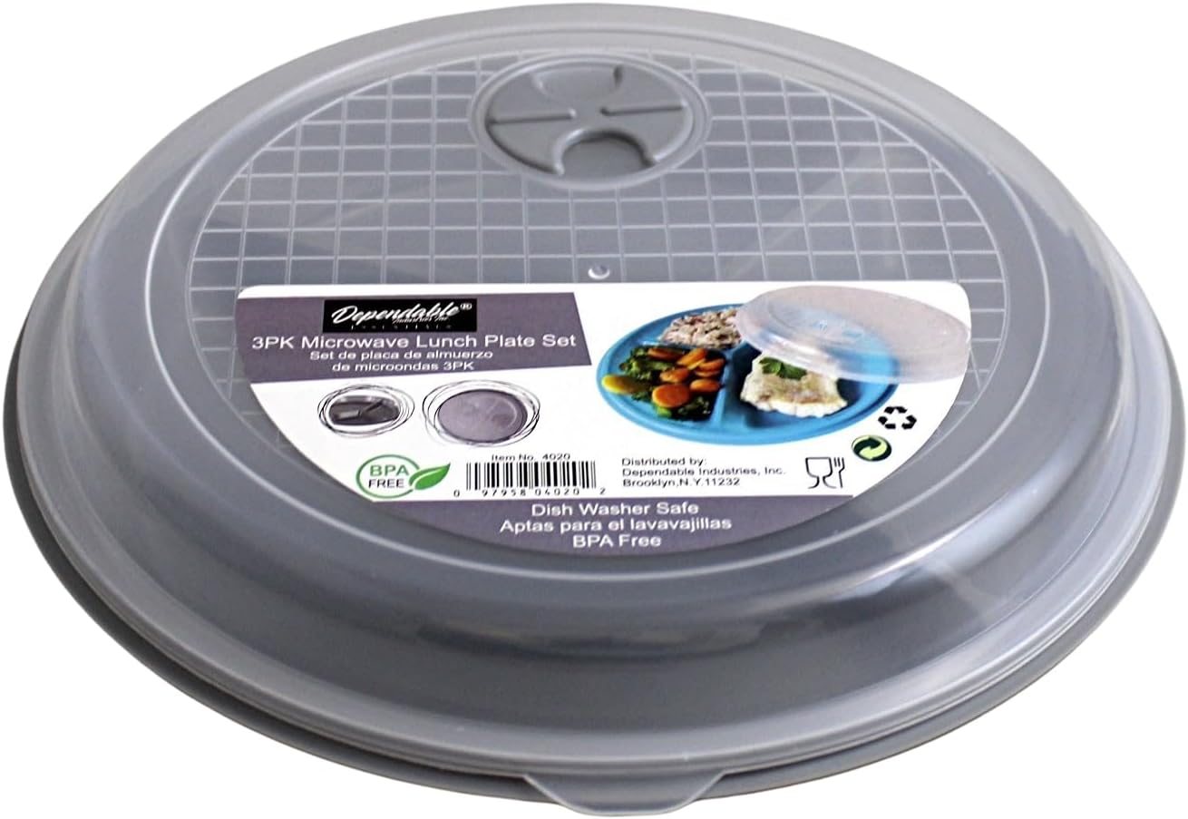 3-Pack Divided Microwave Plates with Vented Lids – BPA-Free Reusable Plates for Portion Control, Meal Prep & Leftovers – Stackable, Freezer & Dishwasher Safe (8.75” x 8.75”) (Gray) - Image 8