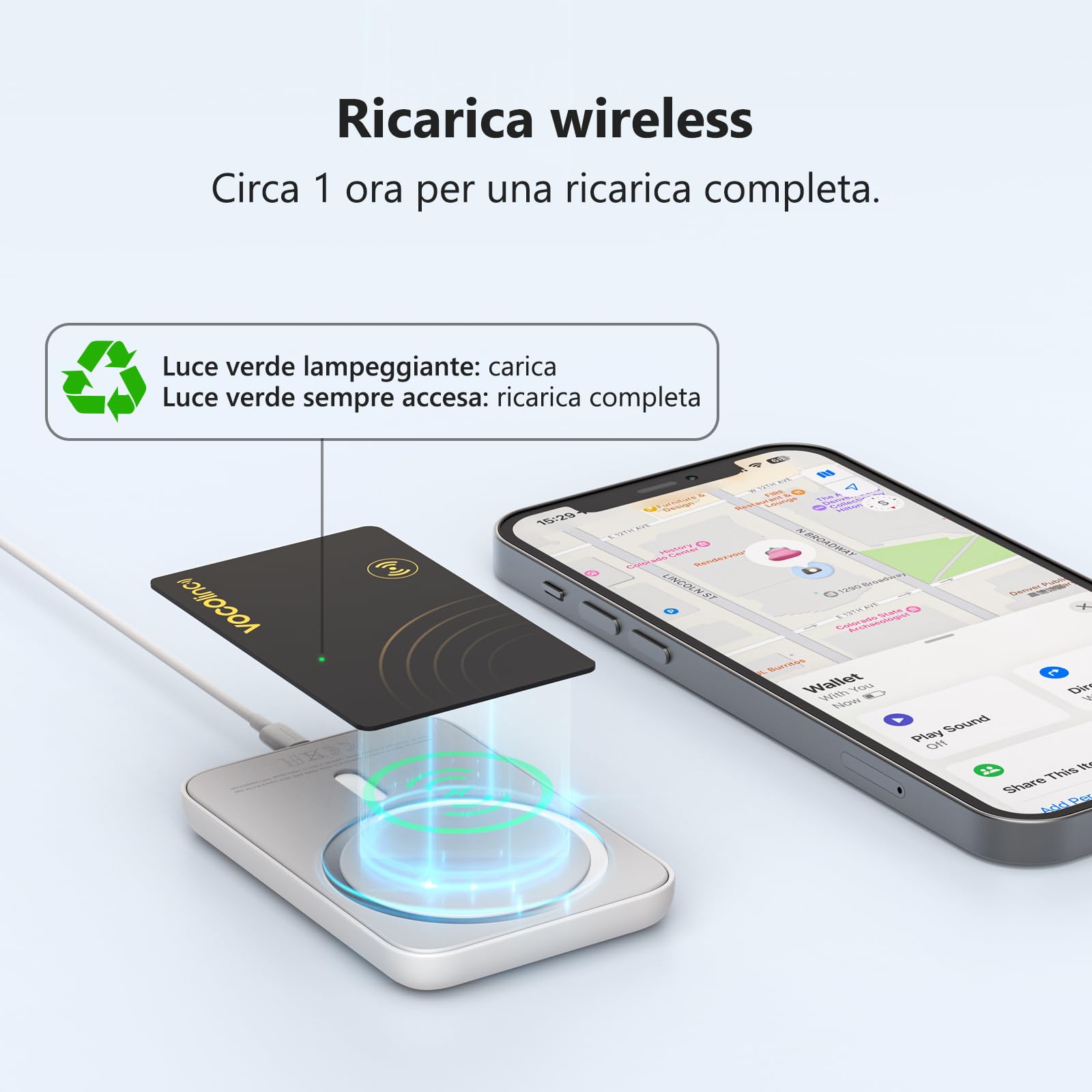 VOCOlinc Ricaricabile Wallet Tracker Thin 1.6mm, Smart Air Tag Card Compatibile con Apple Dov’è App (solo iOS, NON per Android), Bluetooth Localizzatore di Portafogli per Bagaglio/Valigia/Passaporti
