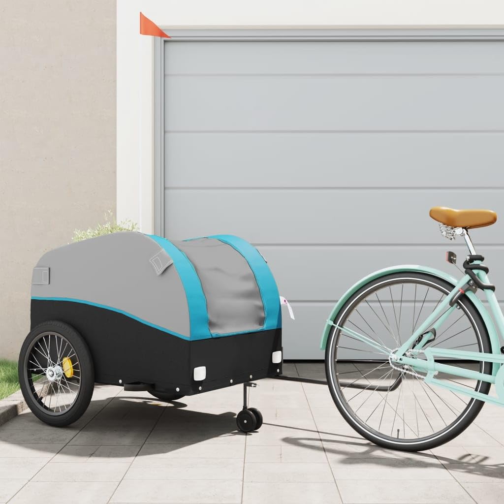Remolque de bicicleta negro y azul de hierro de 45 kg con bandera de seguridad para cargas, equipaje, niños y perros, plegable, con embrague para ciudad, naturaleza, excursión, excursión y vida