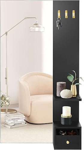 SONGMICS Espejo de pared, espejo de longitud completa con almacenamiento, espejo colgante, 42.5 x 23.6 x 6.9 pulgadas, 3 ganchos, fácil de montar,