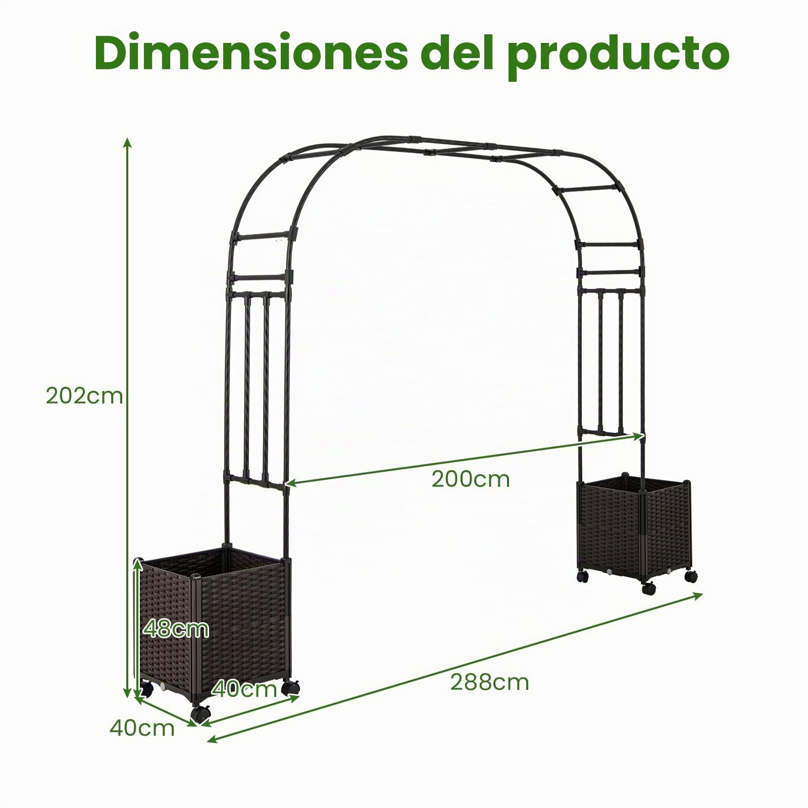 HOMASIS 2 en 1 Arco de Jardín y Maceteros, 288 x 40 x 202 cm, Pérgola Rosas con Ruedas para Plantas Trepadoras, Sistema de Autorriego, Decoración Exterior y Soporte de Boda, Fiesta, Negro