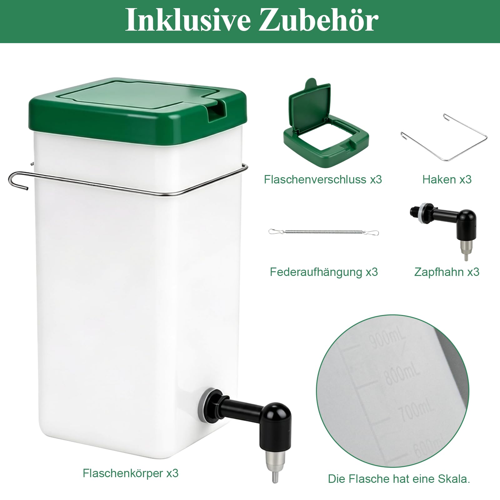 Kaninchentränke 1000ML Trinkflasche Kaninchen mit Halterung, Kaninchen Automatischer Wasserspender, Nippel Nagertränke Keine Tropf Trinkflasche für Nagetiere Kleintierstall(3 Stück)