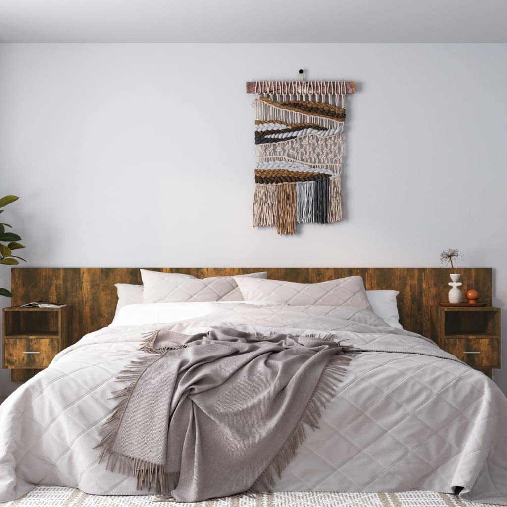 vidaXL Cabecero de Cama Cabezal Dormitorio Estructura Habitación Mobiliario Muebles Decoración Adorno con Mesitas Madera Contrachapada Roble Ahumado