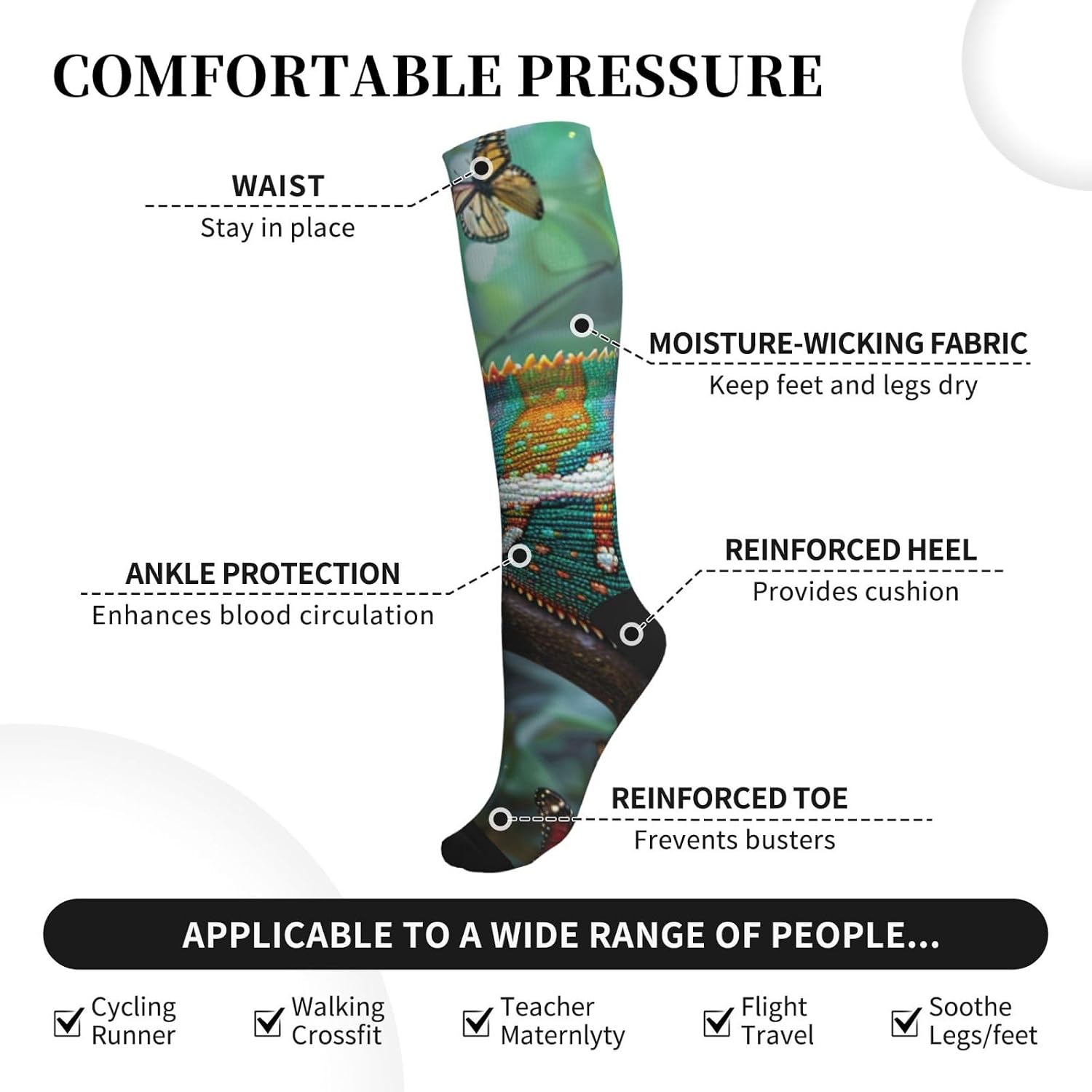 Colorful lizards Compression Socks 15-20mmHg Graduated Compression, Ideal for Office Workers, and Athletes