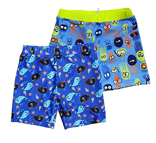 BONVERANO Kids Boys UPF 50+ Boardshorts Baby/Toddler Swim Trunks Free Swim Cap 2 Pack (24-36m, Octopus/Navy)