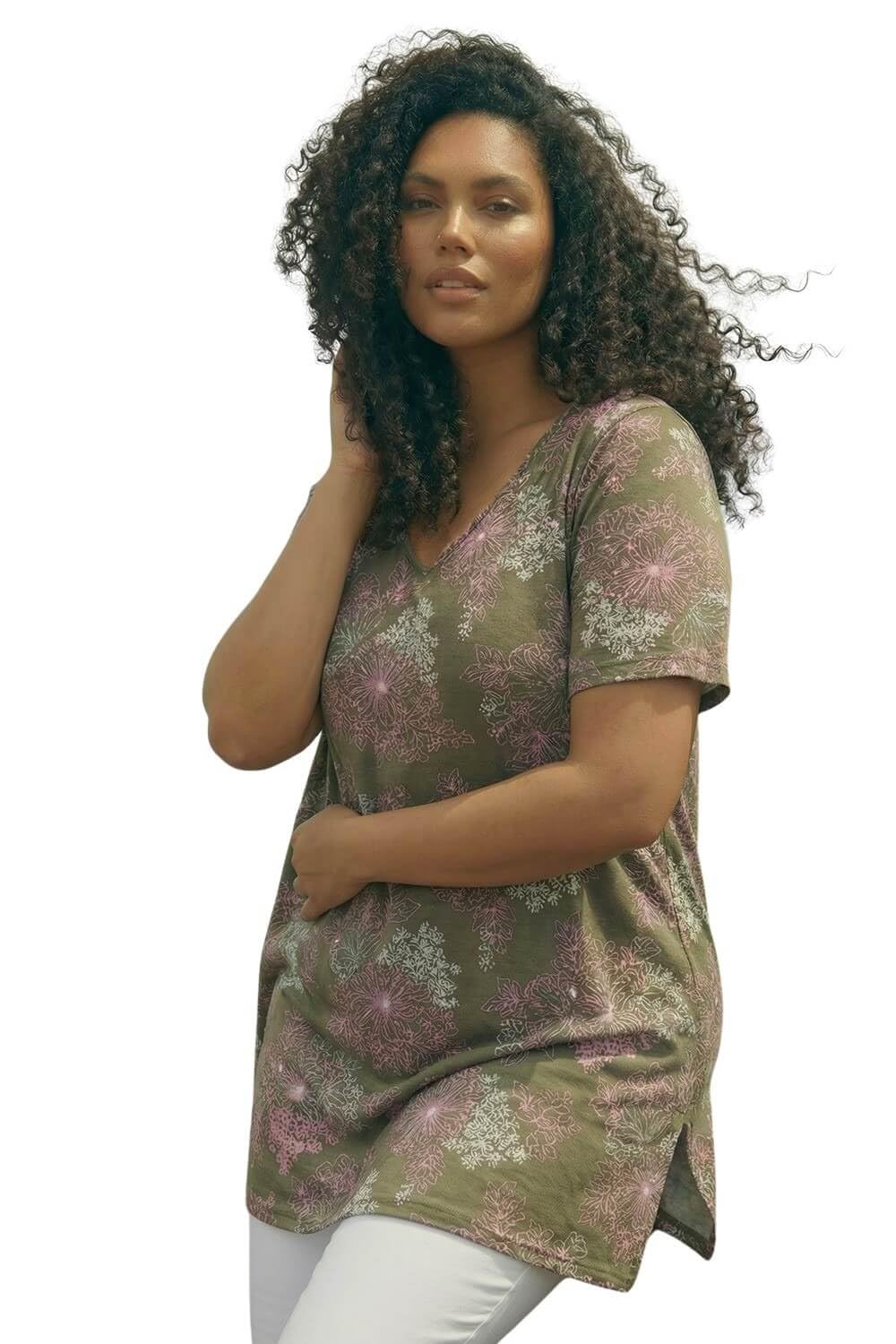 Roman Curve Women's Khaki Floral Bar Back Stretch Top Size 18