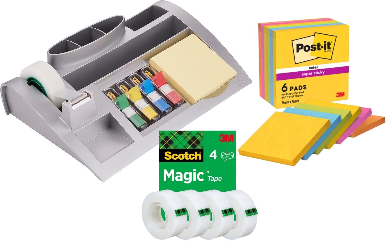 Post-it Organisateur de Bureau Argenté avec Bloc Notes Jaune Canari, 6 Blocs Post-it Super Sticky Couleurs Carnival 76x76 mm, 4 Rouleaux Ruban Scotch Magic 19 mm x 33 m – Fournitures Bureau