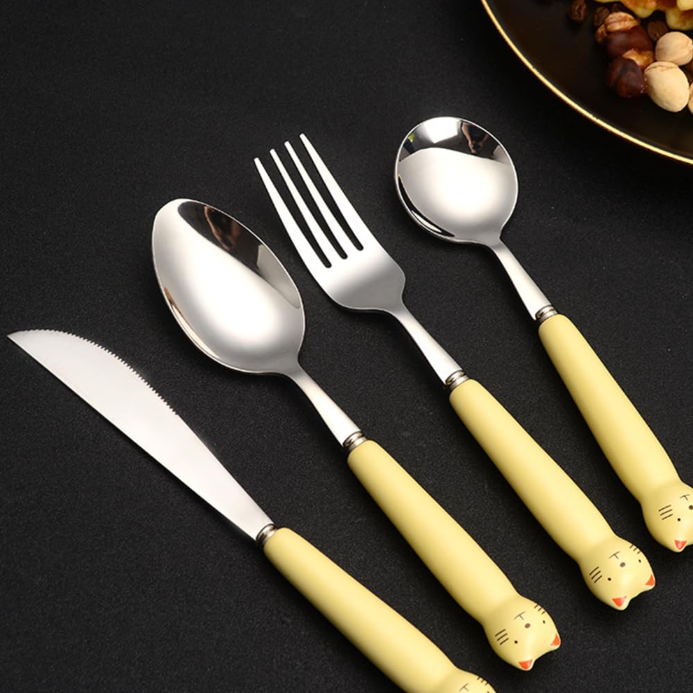 Cartone Animato Animale Ceramica Manico Cucina Acciaio Inox Argenteria Stoviglie Posate Set Bistecca Coltello Forchetta Cucchiaio Cucchiaino (Maiale carino,16 pezzi)