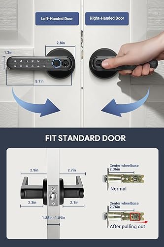 Miniatura 6 de Cerradura de puerta de huellas dactilares, perilla de muelle negro mate con teclado, código de acceso, huella digital biométrica de 0.2 s y llaves,