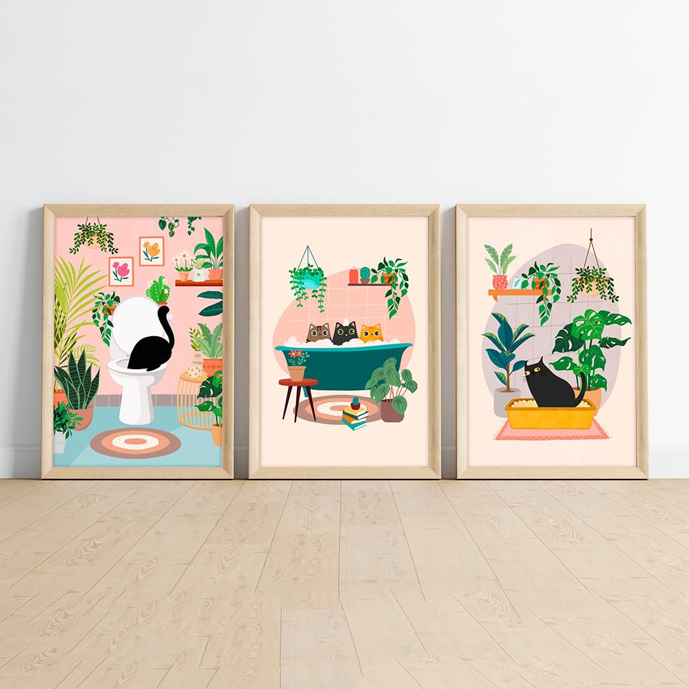 Photo 1 of **Stock Pic for Reference** Kailitry Funny Boho Bathroom Decor Black Cat Sitting on Toilet Wall Art House Plant Botanical Bubble Bath Posters Aesthetic Decor 12x16inchx3pcs unframed