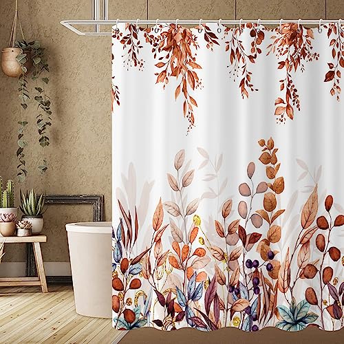 GCIREC Fall Eucalyptus Leaf Shower Curtain, Watercolor Autumn Thanksgiving Botanical Plants Curtain Bathtub Home Decor Waterproof Fabric Machine Washable with 12 PCS Hooks,72'' Wx78 L, Tan and Teal