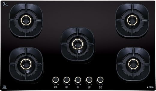 Elica 90cm 5 Burner Auto Ignition Hob | CROWN FLEXI 590 LOTUS IND HD BRASS | SABAF Triple Ring Brass Burners | 8mm Toughened Glass | Windshield…