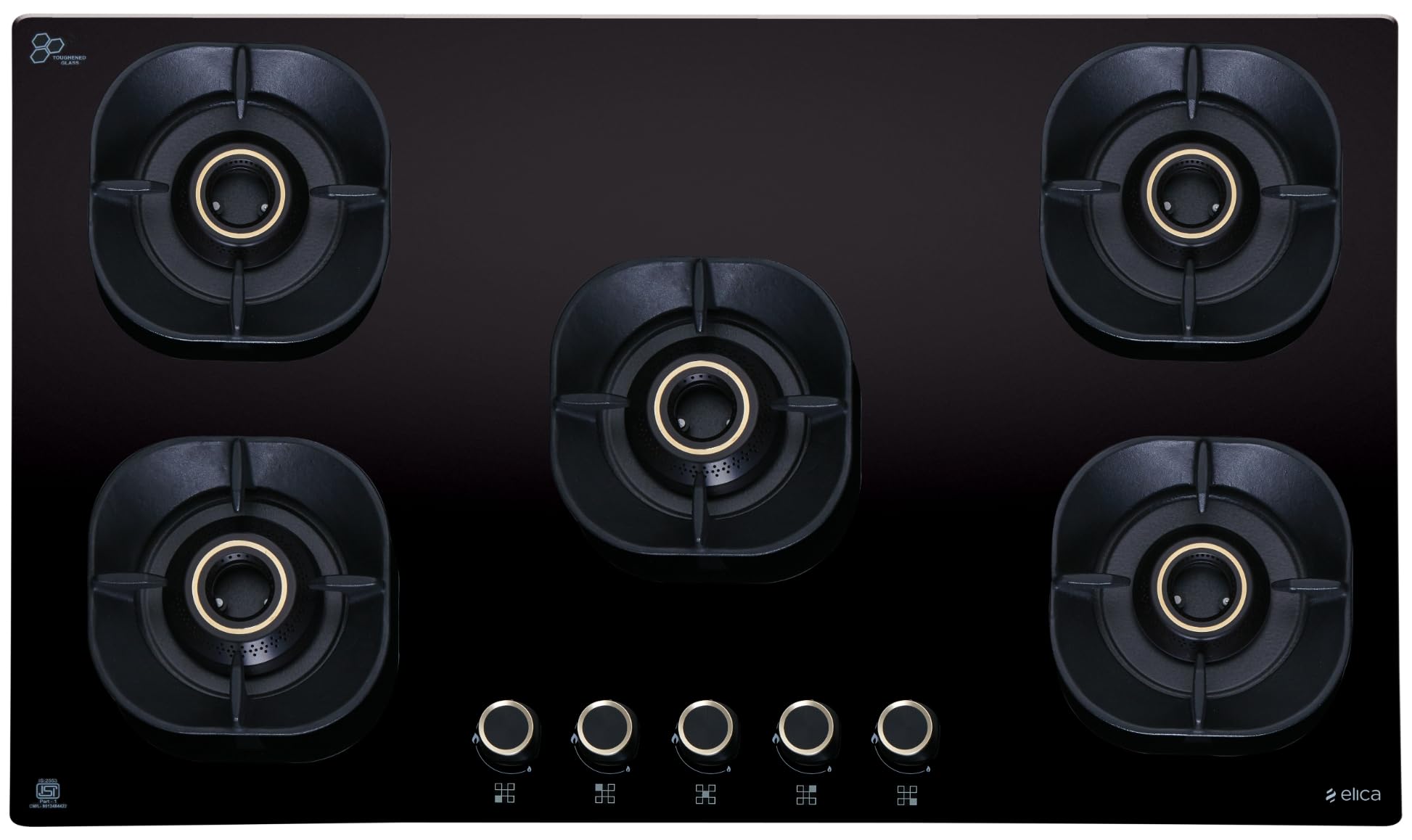 Elica 90cm 5 Burner Auto Ignition Hob | CROWN FLEXI 590 LOTUS IND HD BRASS | SABAF Triple Ring Brass Burners | 8mm Toughened Glass | Windshield Grid | 10-Year Burner Warranty