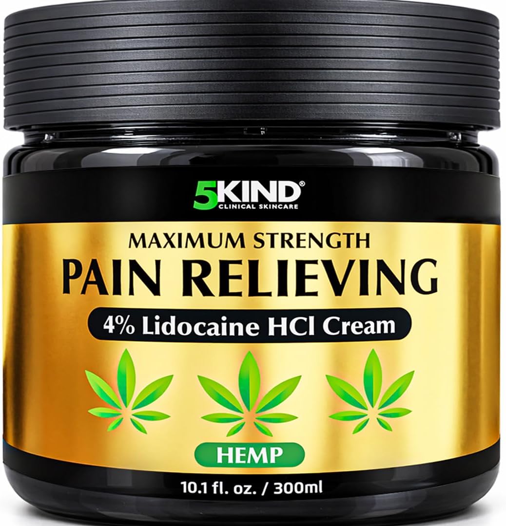 5kind Extra Strong Lidocaine Cream with Hemp,10.1 fl oz Pain Relief Cream - Lidocaine Cream Maximum Strength Soothing Pain Relief Massage Gel - Lidocaine Numbing Cream Muscle Pain Relief -Made in USA