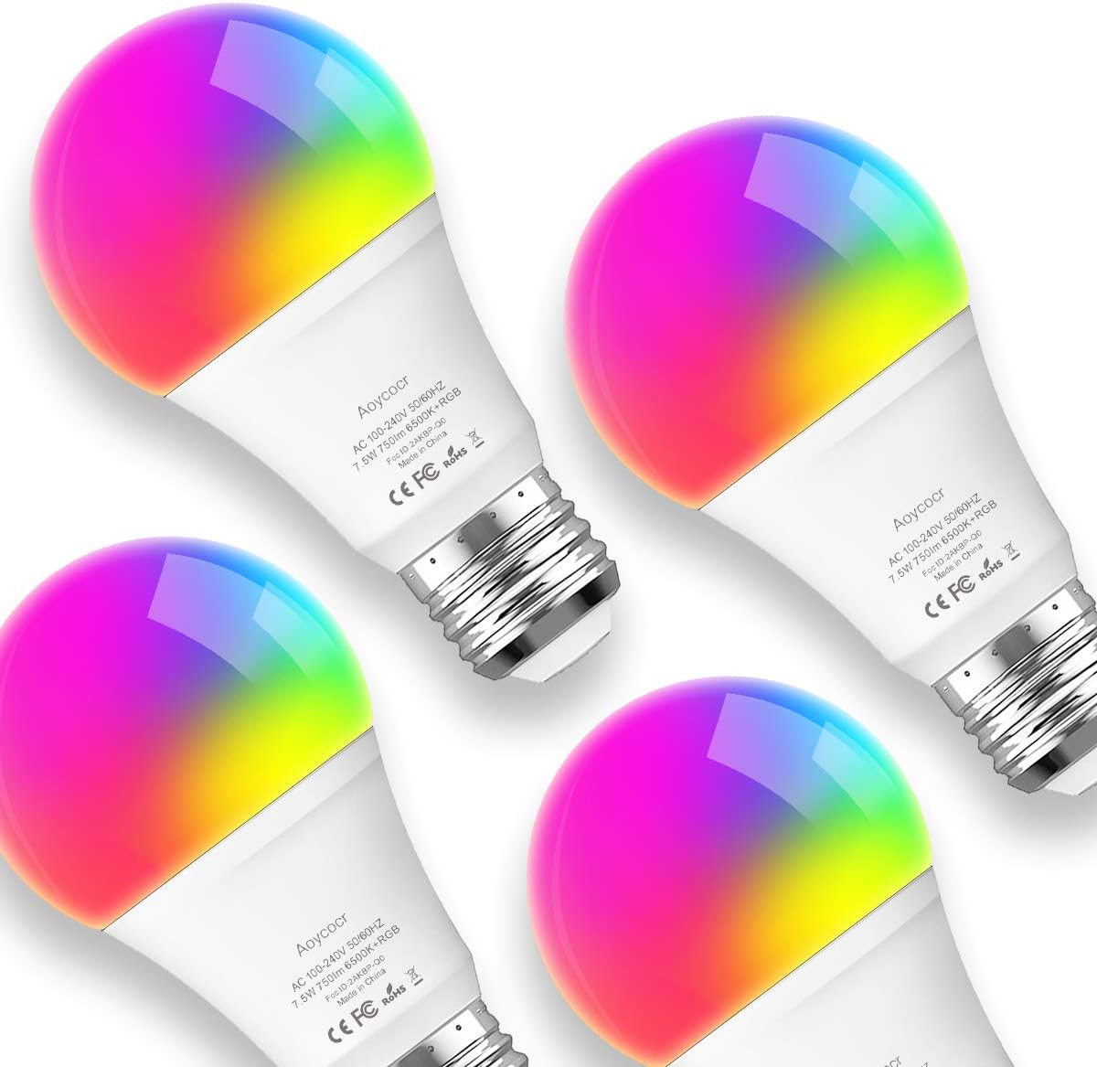 Aoycocr Smart Lights Led Bulb Daylight (6500K) 7.5W A19 - Medium Screw Base (E26) - 750 Lumens(65W equiv.) - Dimmable - RGB Color Changing - Voice Control - No Hub Required - UL Listed - 4 Pack