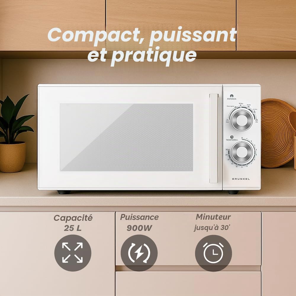MG Micro-ondes sans grill 25 litres, 900 W 20MG 5-6 niveaux de puissance, 3 modes combinés, minuterie 30 min, ouverture avec poignée et plateau Ø245 mm (sans grill)