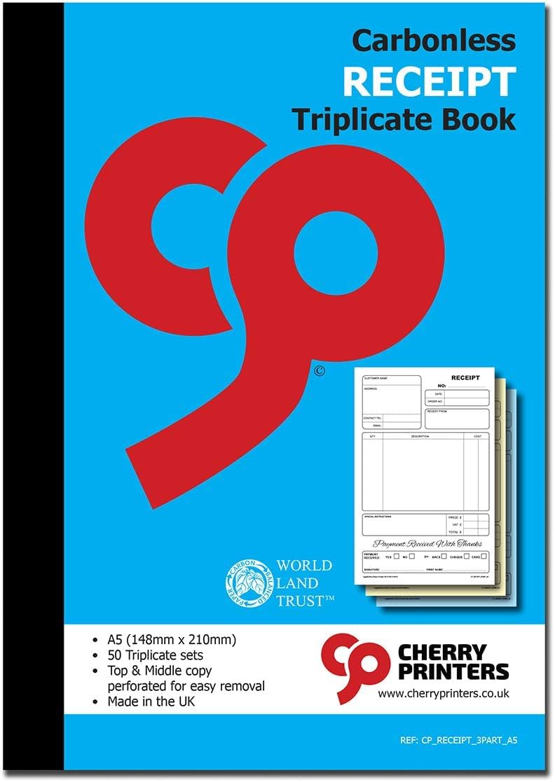 Cherry Carbonless Receipt Triplicate Book A5 | 50 Triplicate Sets | 3-Part NCR Perforated Top and Middle Copy for Easy Removal | Payment Received Forms | Made in The UK | 210mm x 148mm **20 Pack**